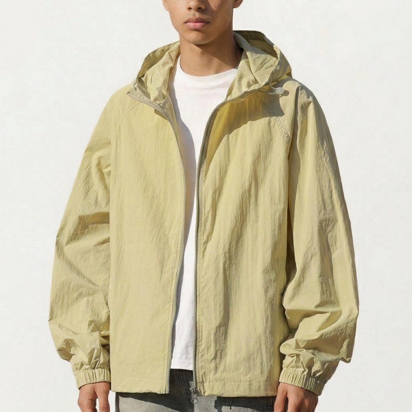 Men's Lightweight Hooded Windbreaker Jacket with Full Zip Closure Elastic Cuffs and Relaxed Fit