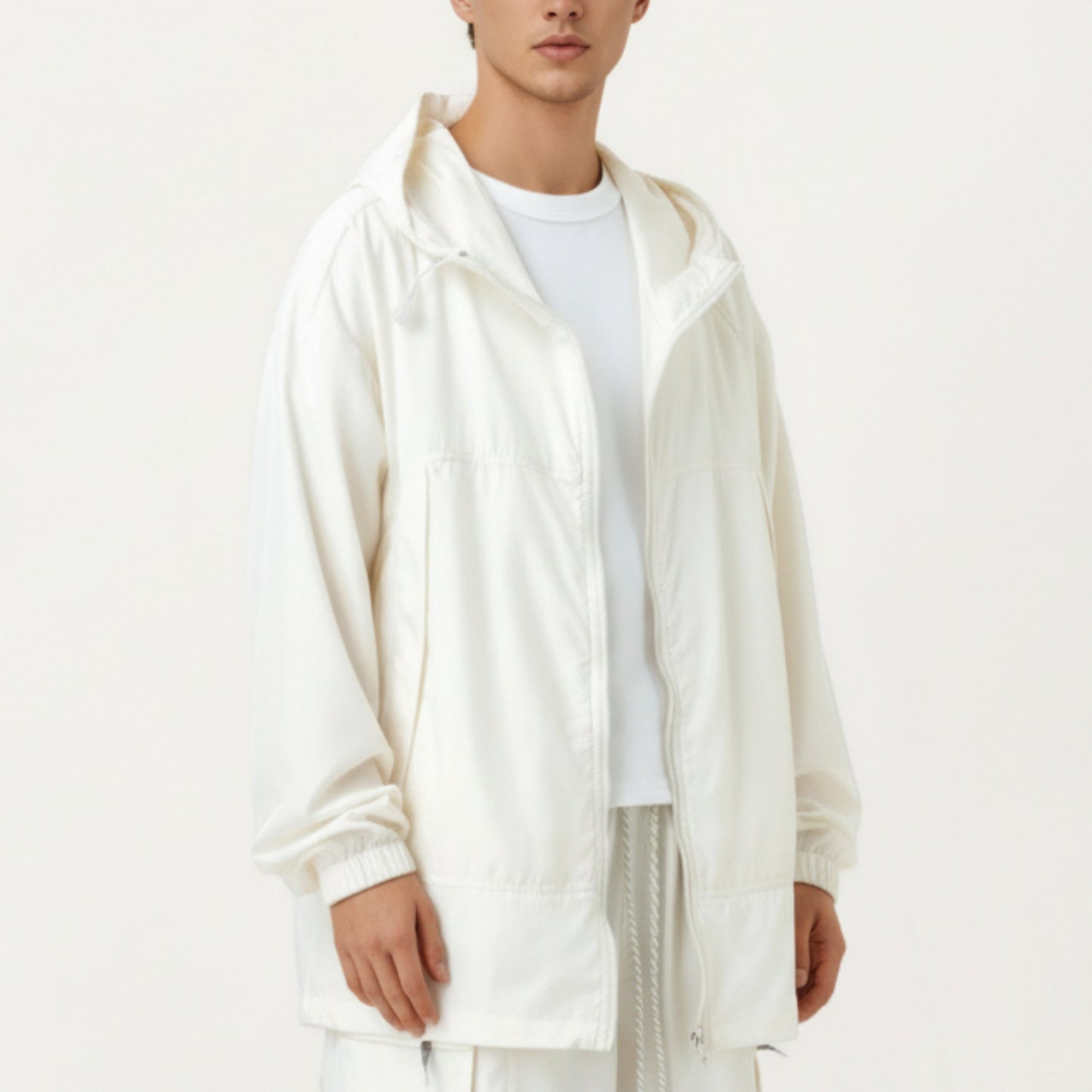 Men's Lightweight Hooded Windbreaker Jacket with Full Zip Closure Elastic Cuffs and Adjustable Hem