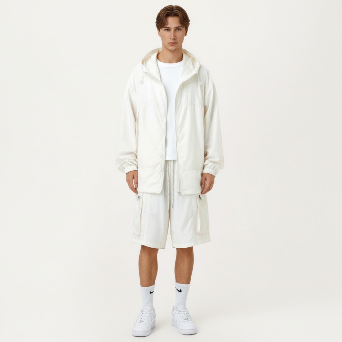 Men's Lightweight Hooded Windbreaker Jacket with Full Zip Closure Elastic Cuffs and Adjustable Hem