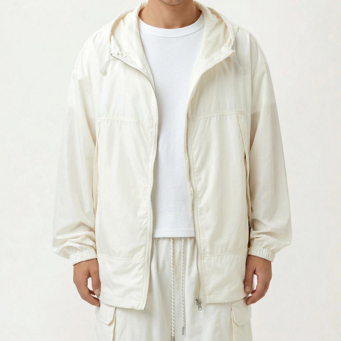 Men's Lightweight Hooded Windbreaker Jacket with Full Zip Closure Elastic Cuffs and Adjustable Hem
