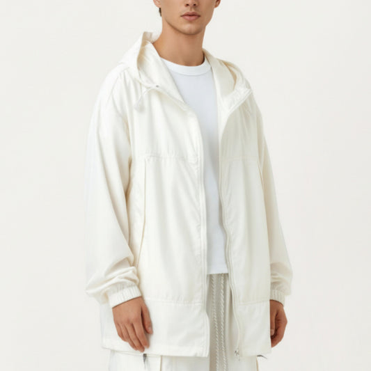 Men's Lightweight Hooded Windbreaker Jacket with Full Zip Closure Elastic Cuffs and Adjustable Hem
