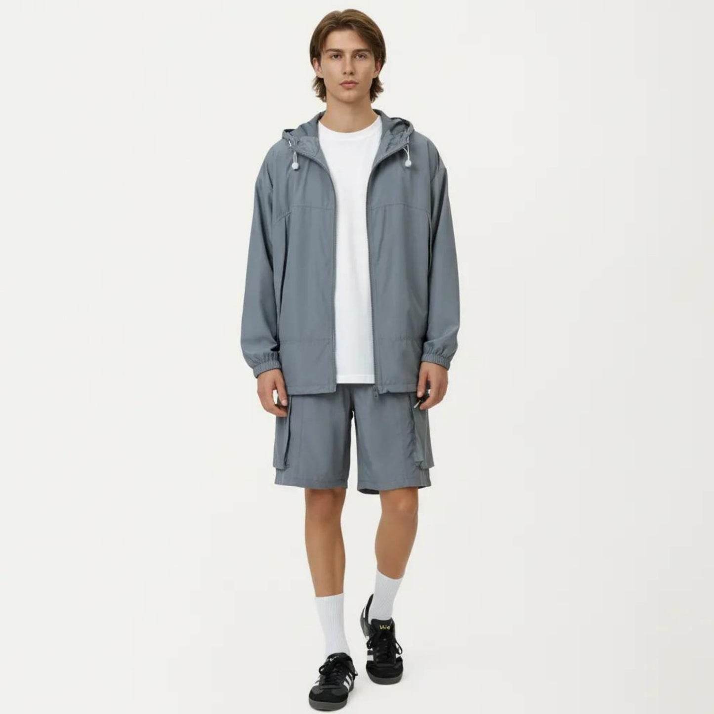 Men's Lightweight Hooded Windbreaker Jacket with Full Zip Closure Elastic Cuffs and Adjustable Hem