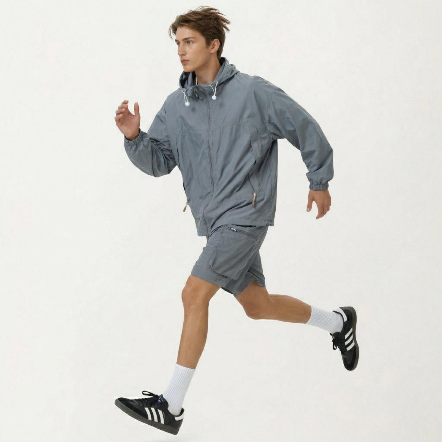 Men's Lightweight Hooded Windbreaker Jacket with Full Zip Closure Elastic Cuffs and Adjustable Hem