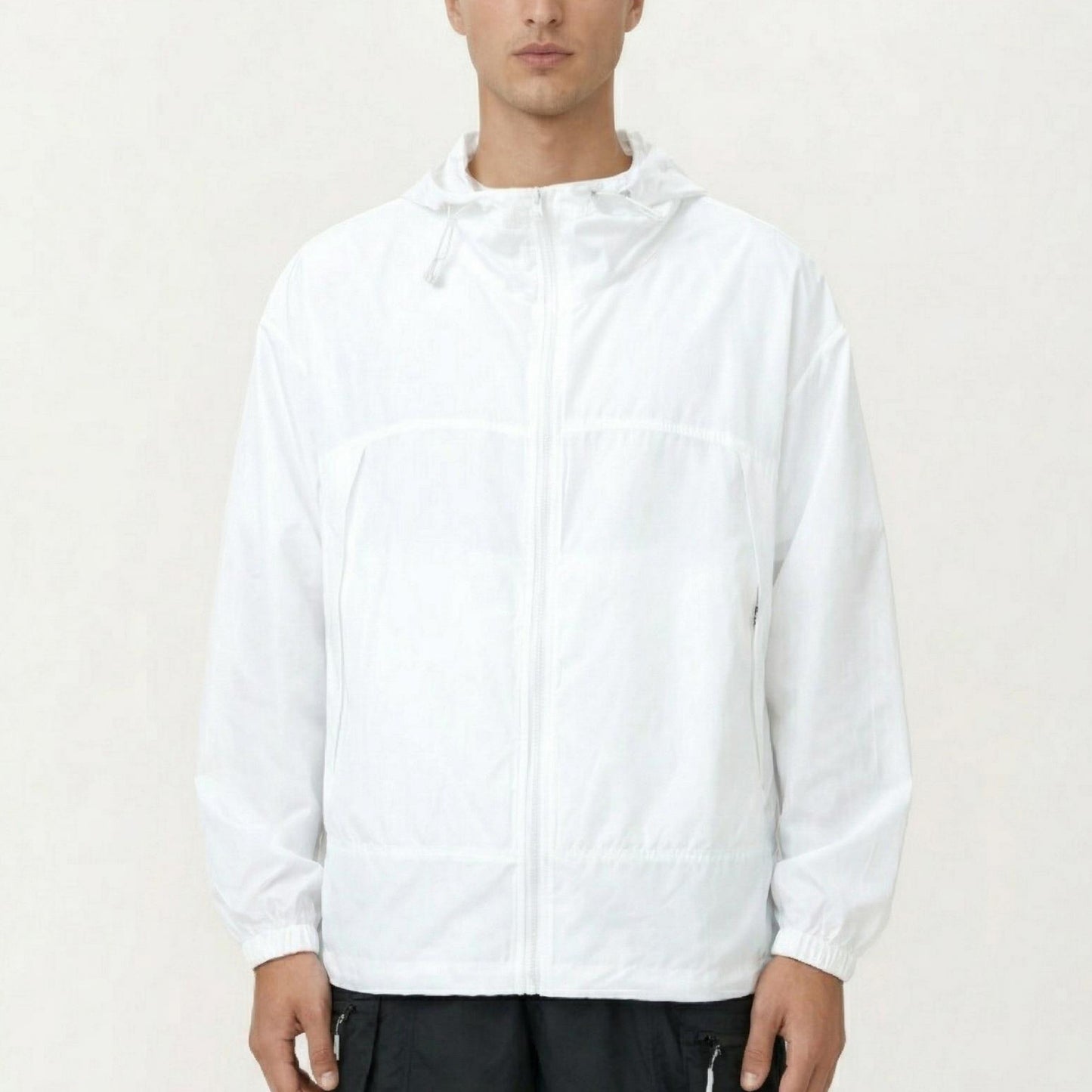 Men's Lightweight Hooded Windbreaker Jacket with Full Zip Closure Elastic Cuffs and Adjustable Hem