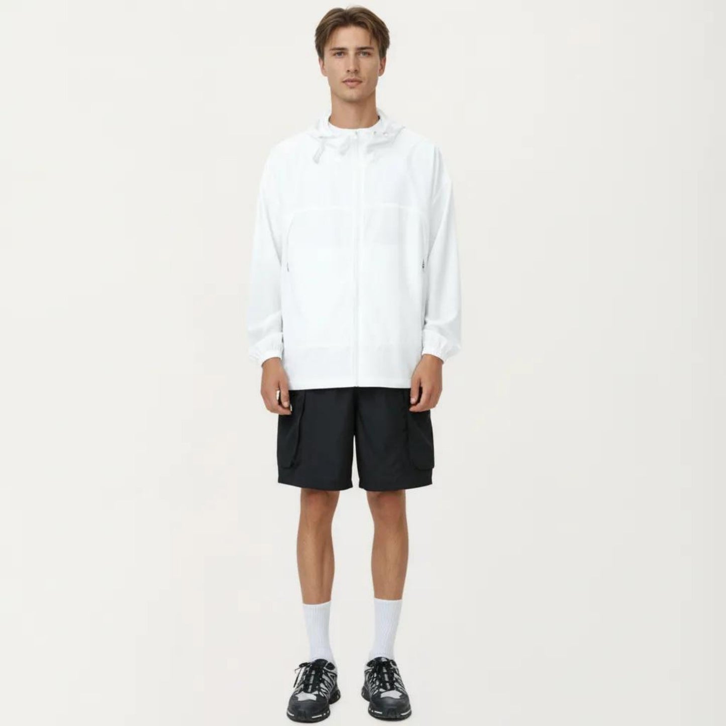 Men's Lightweight Hooded Windbreaker Jacket with Full Zip Closure Elastic Cuffs and Adjustable Hem