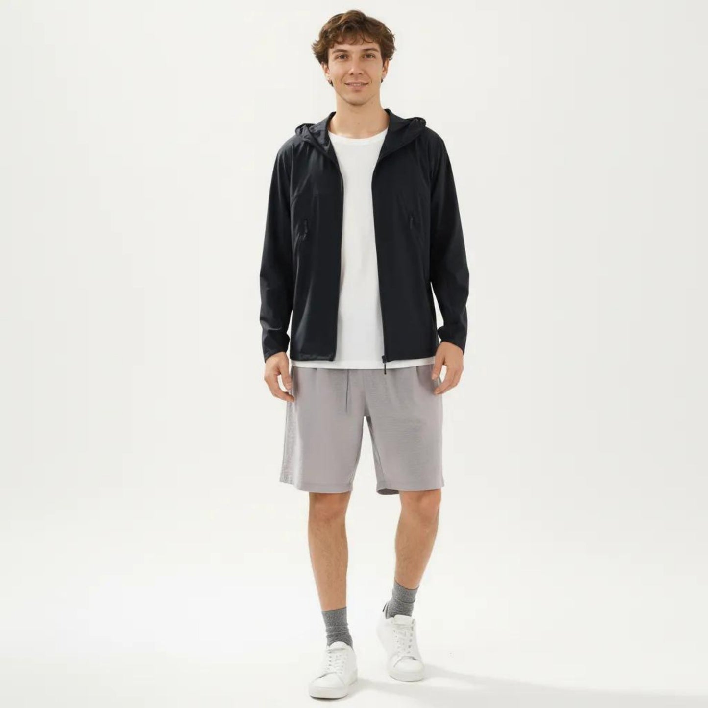 Men's Lightweight Windbreaker Jacket with Hood Full Zip Closure Zipper Pocket Detail and Relaxed Fit