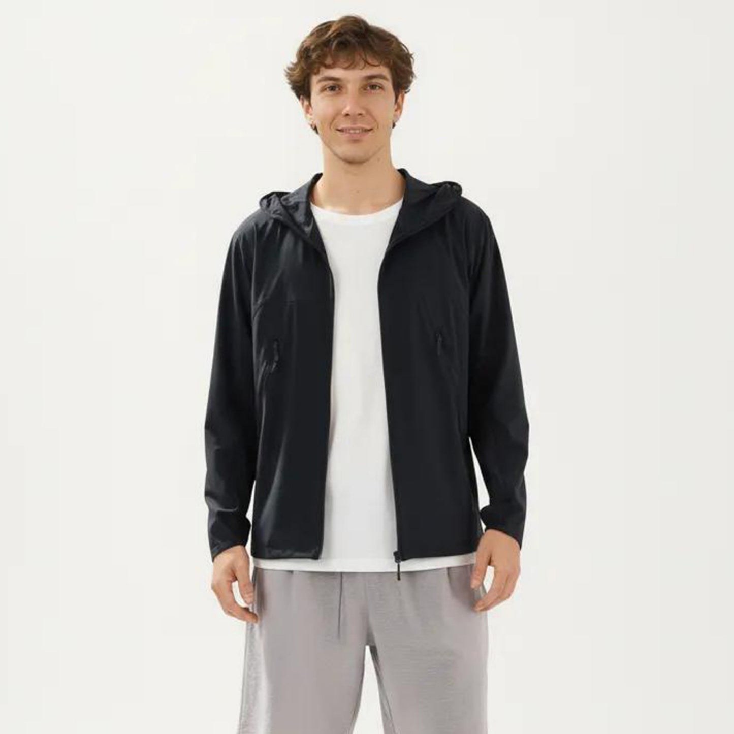 Men's Lightweight Windbreaker Jacket with Hood Full Zip Closure Zipper Pocket Detail and Relaxed Fit