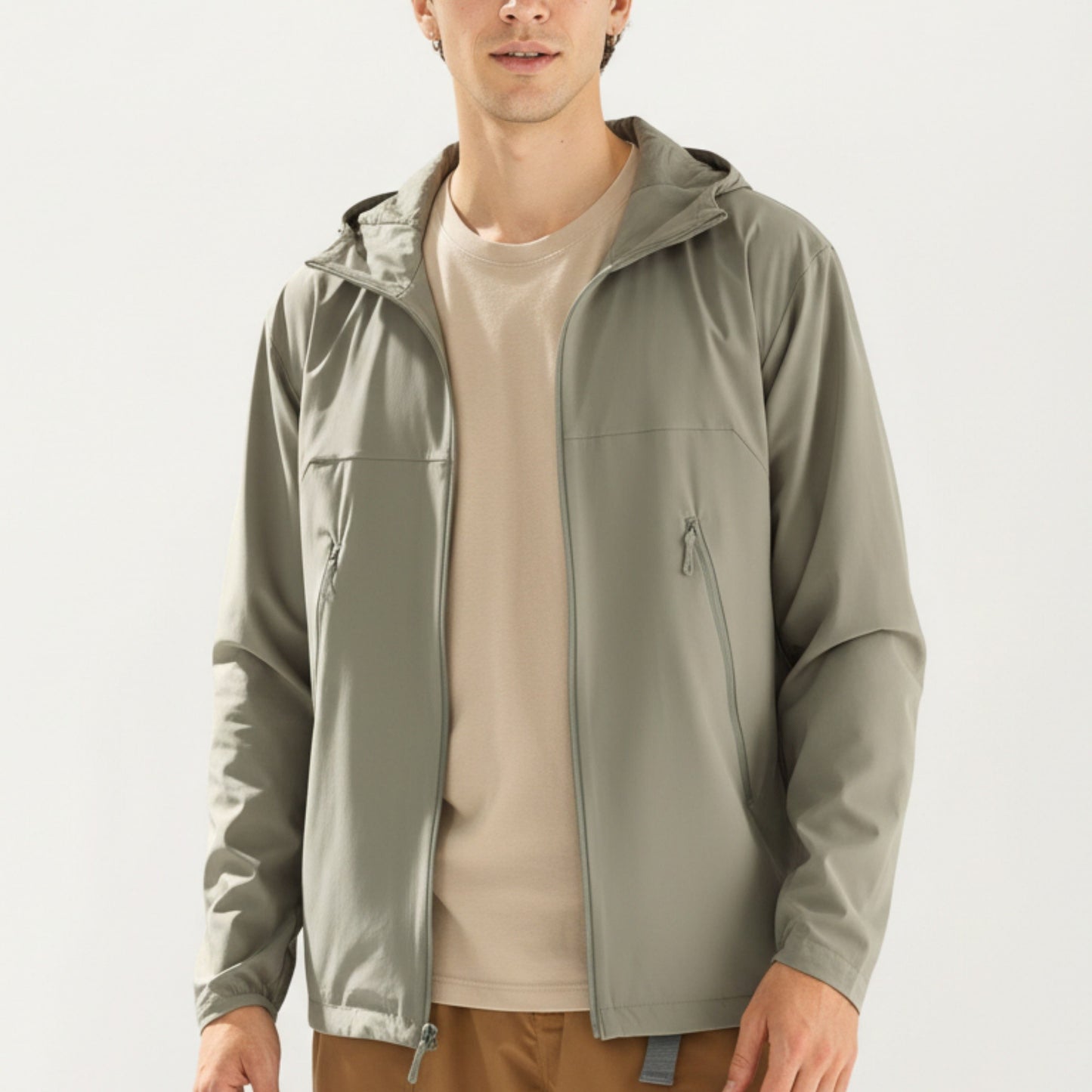 Men's Lightweight Windbreaker Jacket with Hood Full Zip Closure Zipper Pocket Detail and Relaxed Fit