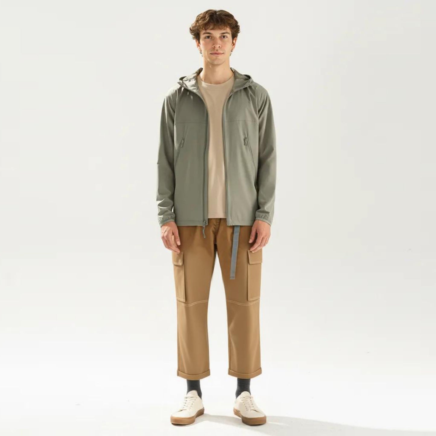 Men's Lightweight Windbreaker Jacket with Hood Full Zip Closure Zipper Pocket Detail and Relaxed Fit