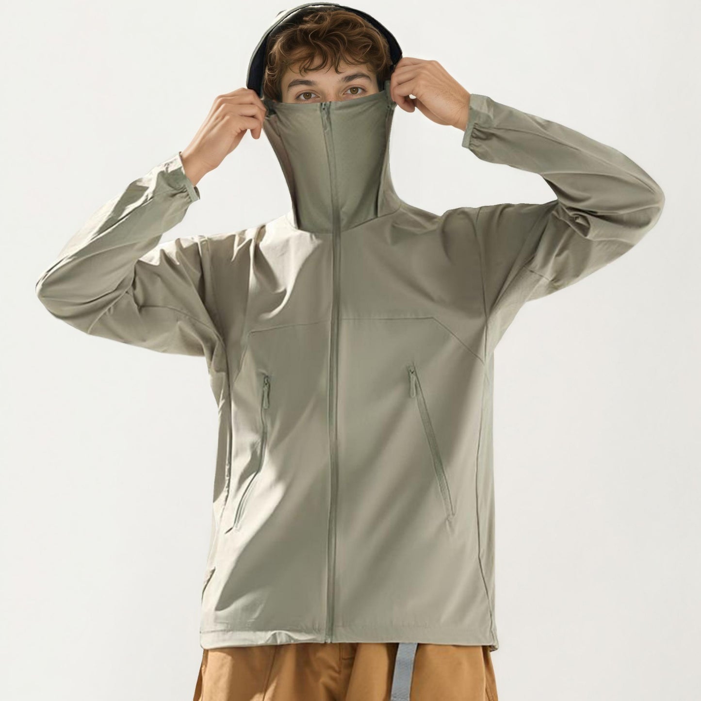 Men's Lightweight Windbreaker Jacket with Hood Full Zip Closure Zipper Pocket Detail and Relaxed Fit