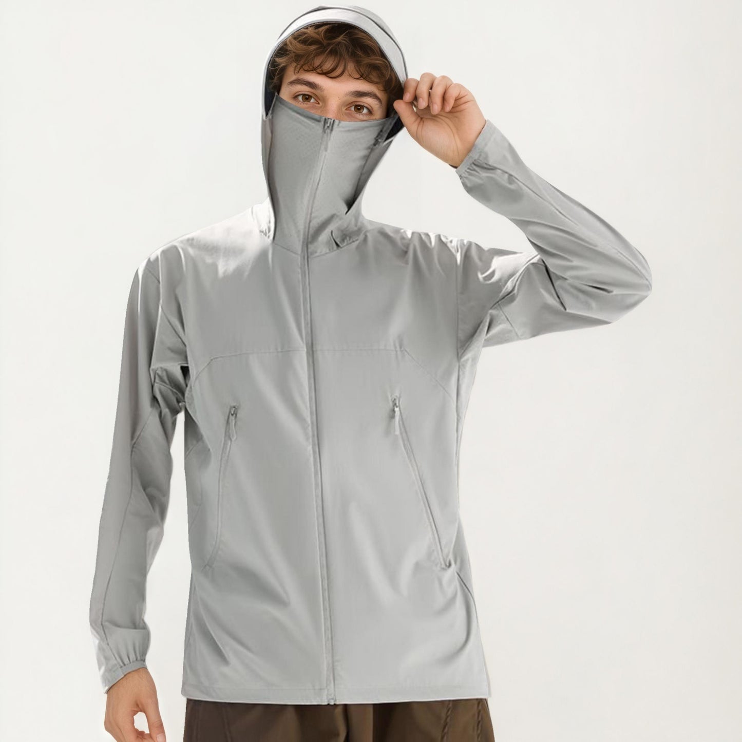 Men's Lightweight Windbreaker Jacket with Hood Full Zip Closure Zipper Pocket Detail and Relaxed Fit