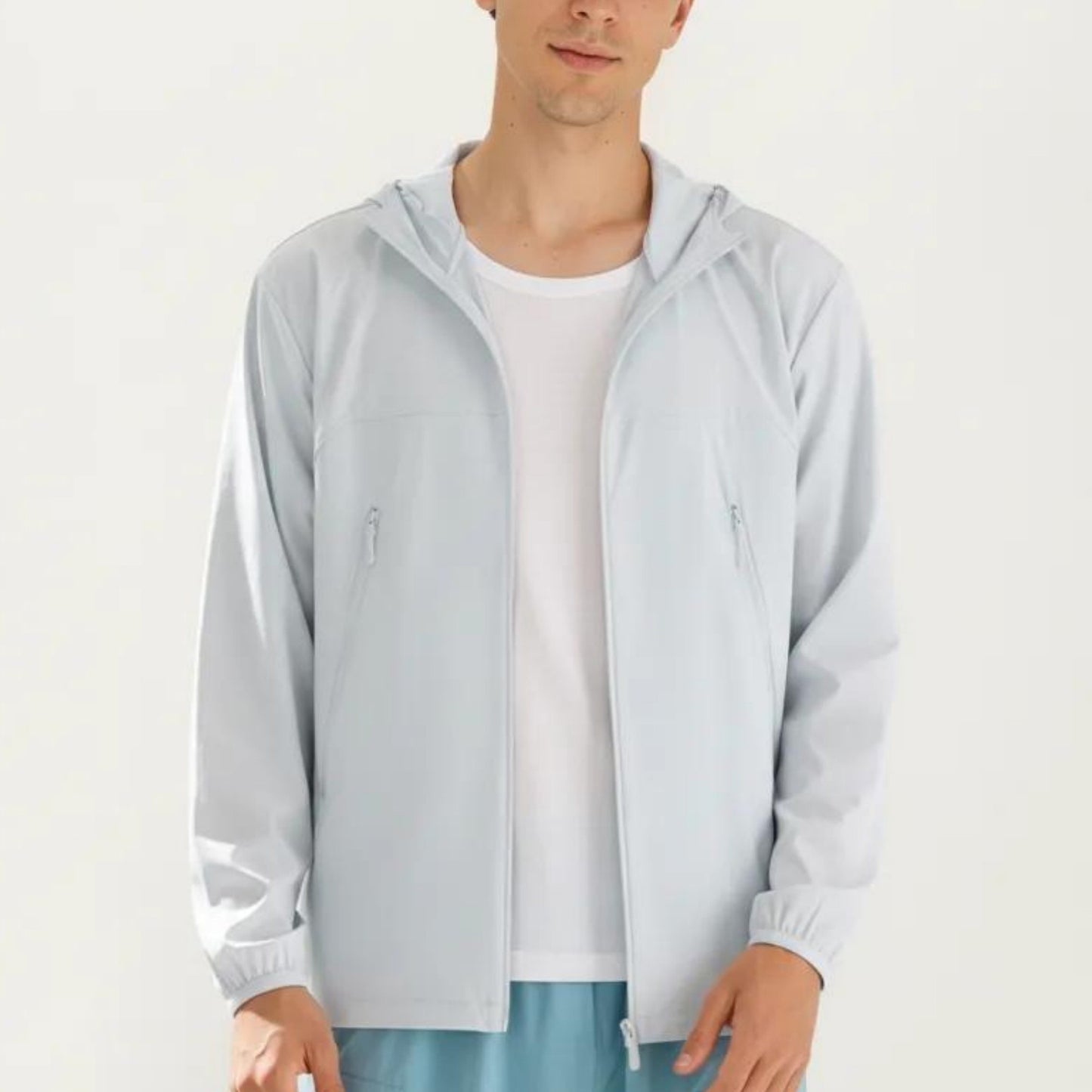 Men's Lightweight Windbreaker Jacket with Hood Full Zip Closure Zipper Pocket Detail and Relaxed Fit