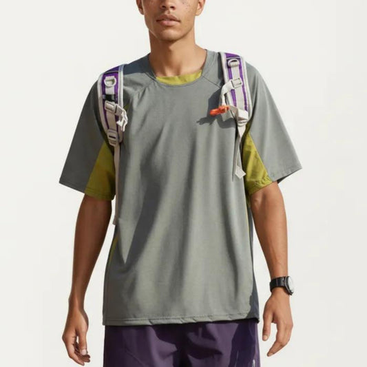 Men's Short Sleeve Athletic T-Shirt with Colorblock Panel Design Breathable Fabric and Relaxed Fit
