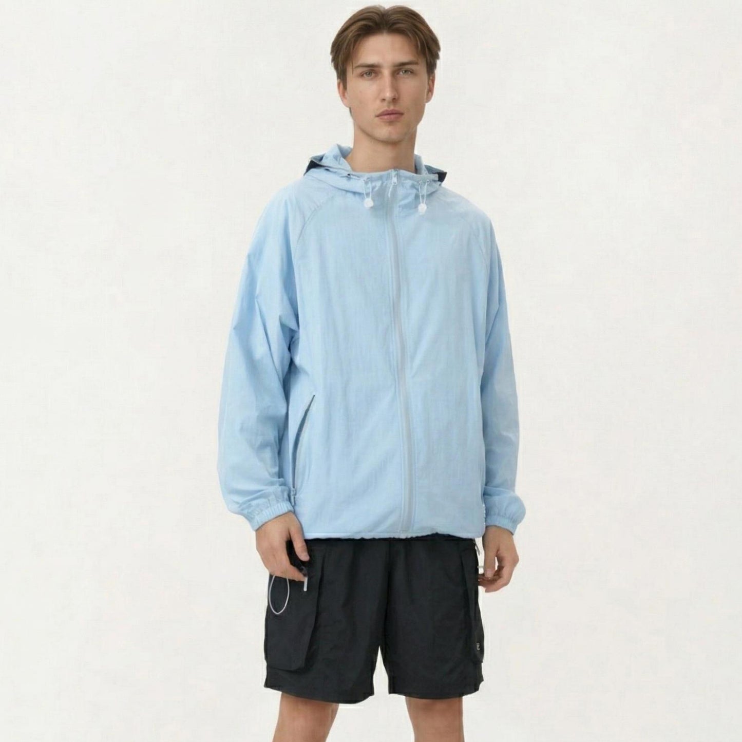 Men's Lightweight Hooded Windbreaker Jacket with Full Zip Closure Elastic Cuffs and Adjustable Hem