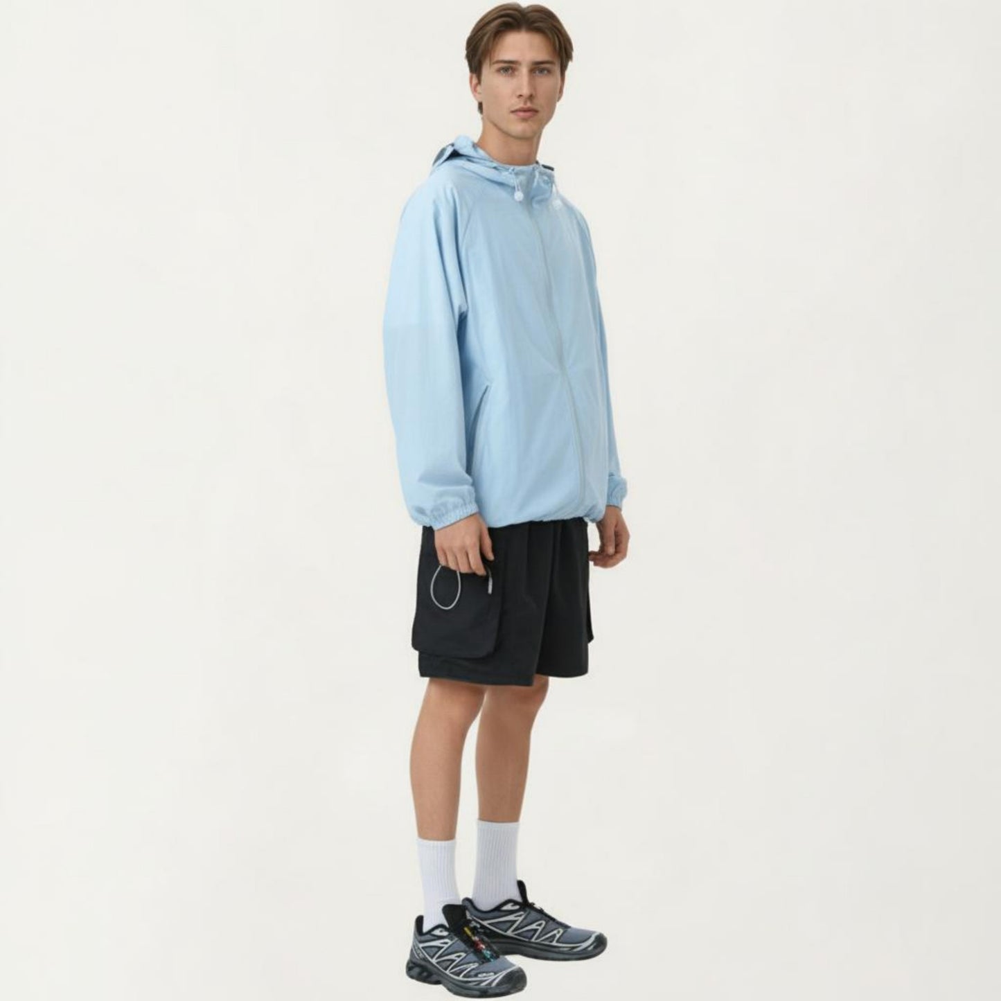Men's Lightweight Hooded Windbreaker Jacket with Full Zip Closure Elastic Cuffs and Adjustable Hem
