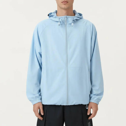 Men's Lightweight Hooded Windbreaker Jacket with Full Zip Closure Elastic Cuffs and Adjustable Hem