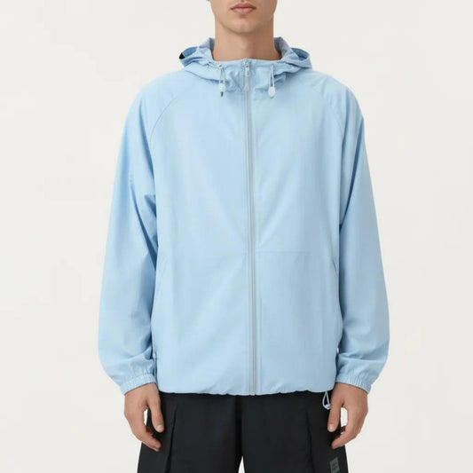 Men's Lightweight Hooded Windbreaker Jacket with Full Zip Closure Elastic Cuffs and Adjustable Hem