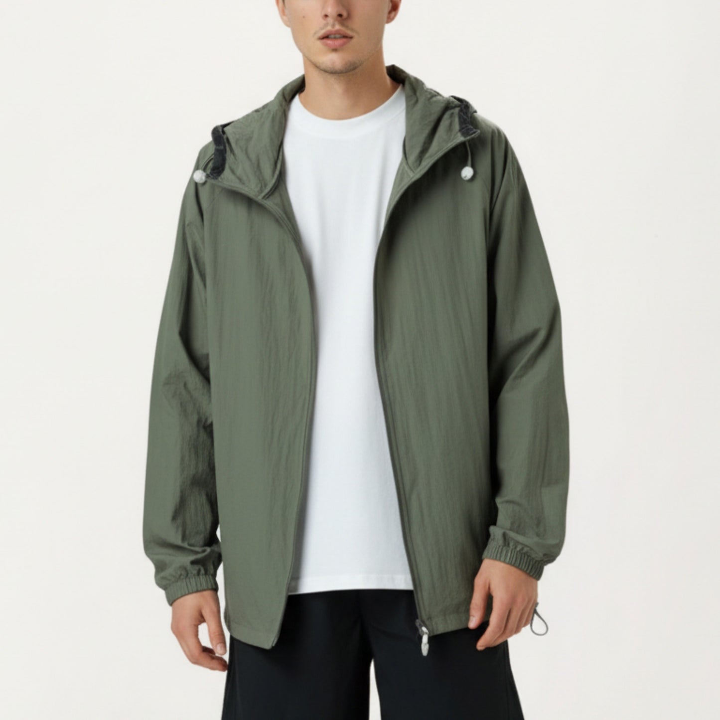 Men's Lightweight Hooded Windbreaker Jacket with Full Zip Closure Elastic Cuffs and Adjustable Hem