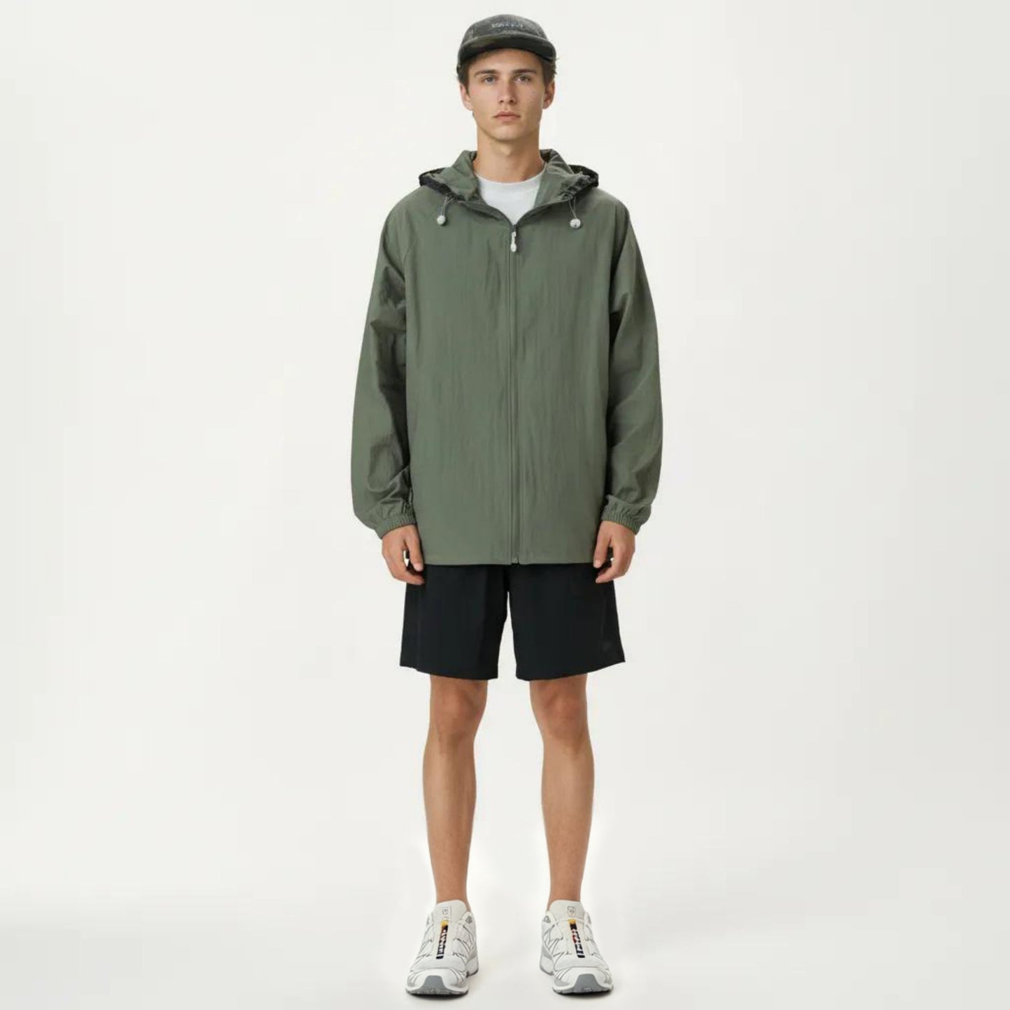 Men's Lightweight Hooded Windbreaker Jacket with Full Zip Closure Elastic Cuffs and Adjustable Hem
