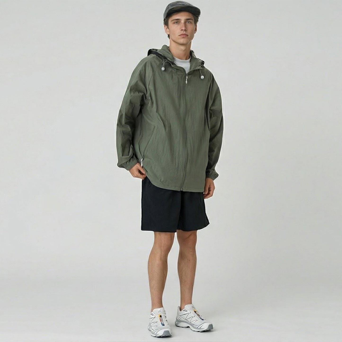 Men's Lightweight Hooded Windbreaker Jacket with Full Zip Closure Elastic Cuffs and Adjustable Hem