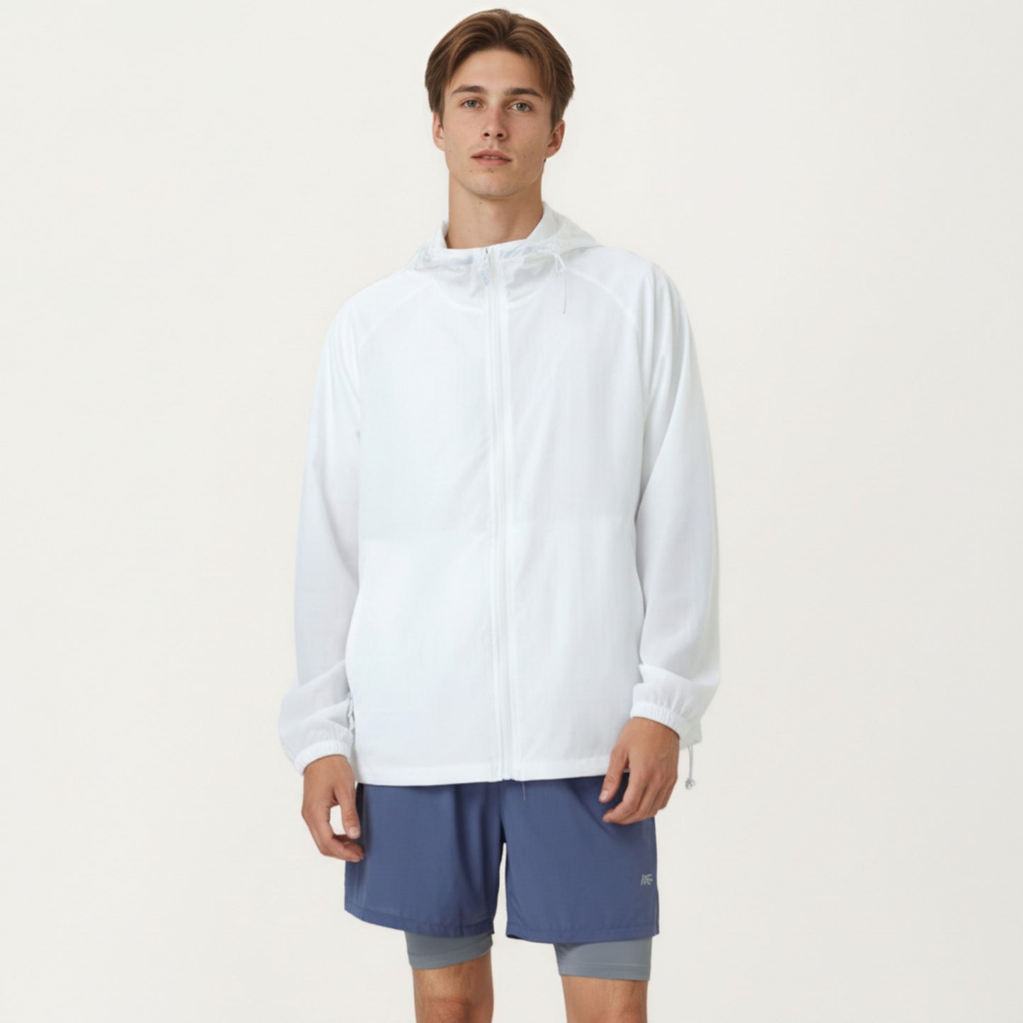 Men's Lightweight Hooded Windbreaker Jacket with Full Zip Closure Elastic Cuffs and Adjustable Hem