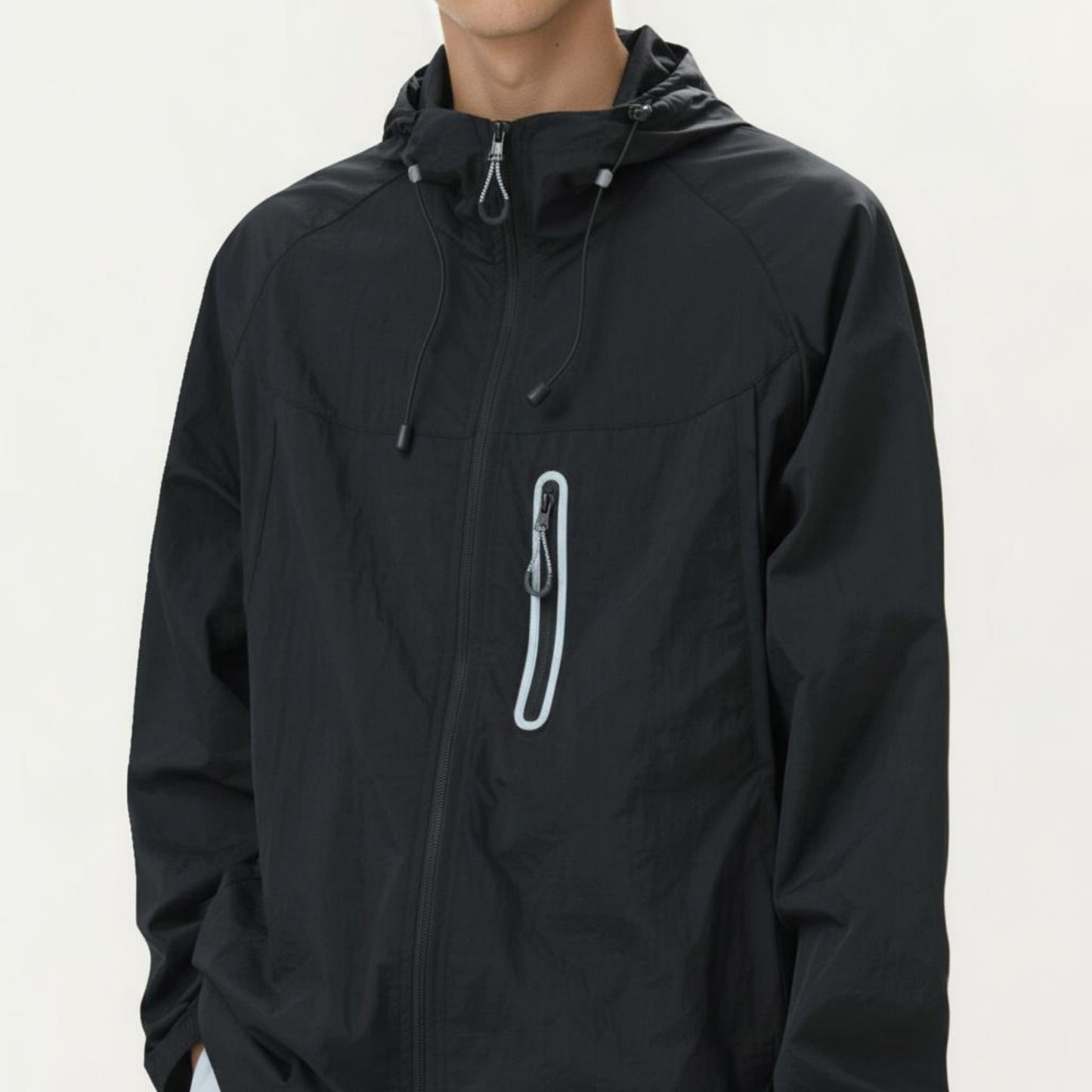 Men's Lightweight Windbreaker Jacket with Hood Full Zip Closure Drawstring Detail