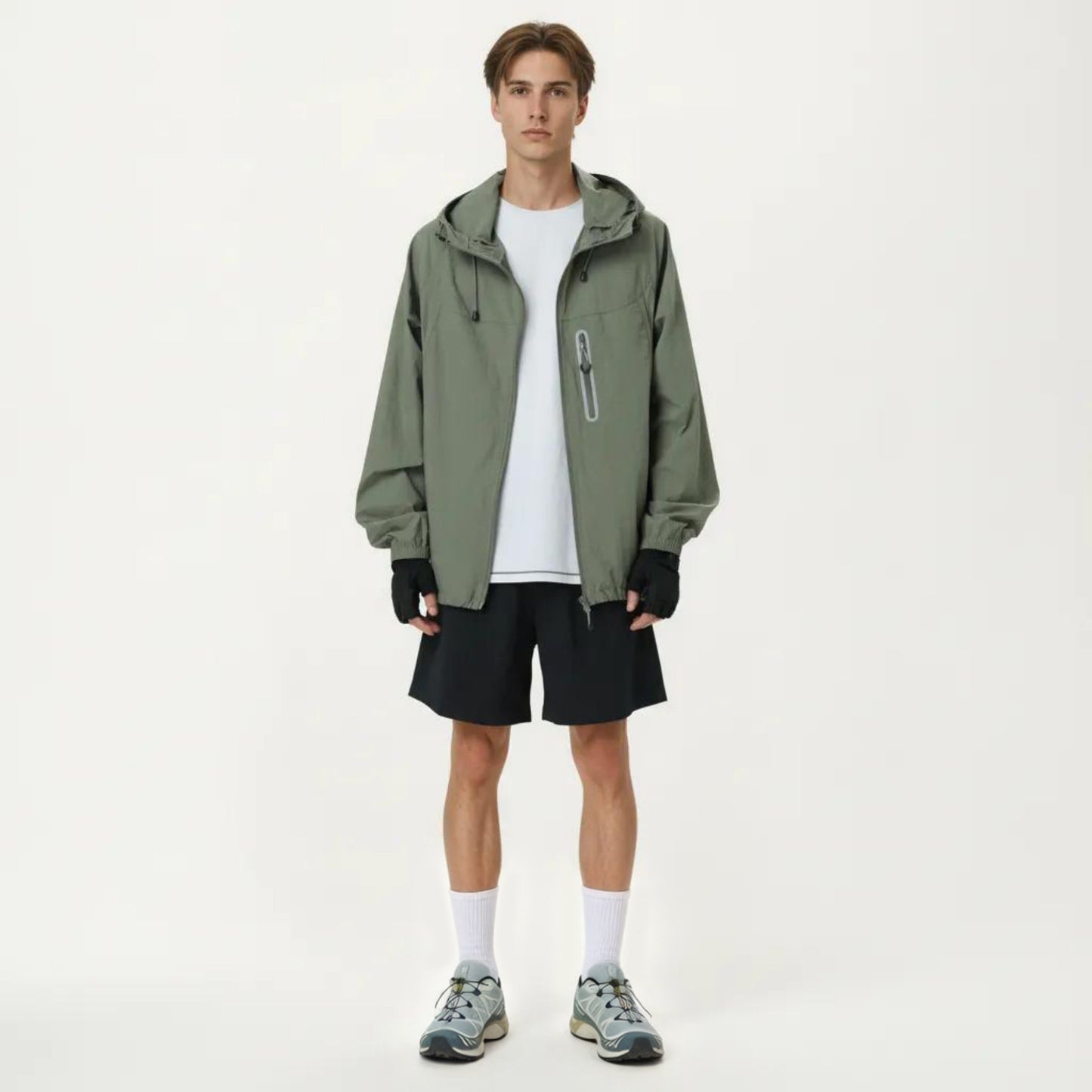 Men's Lightweight Windbreaker Jacket with Hood Full Zip Closure Drawstring Detail