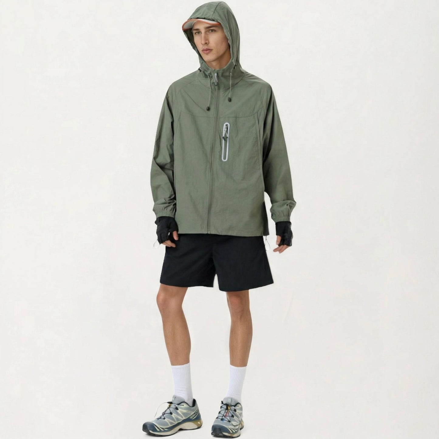 Men's Lightweight Windbreaker Jacket with Hood Full Zip Closure Drawstring Detail