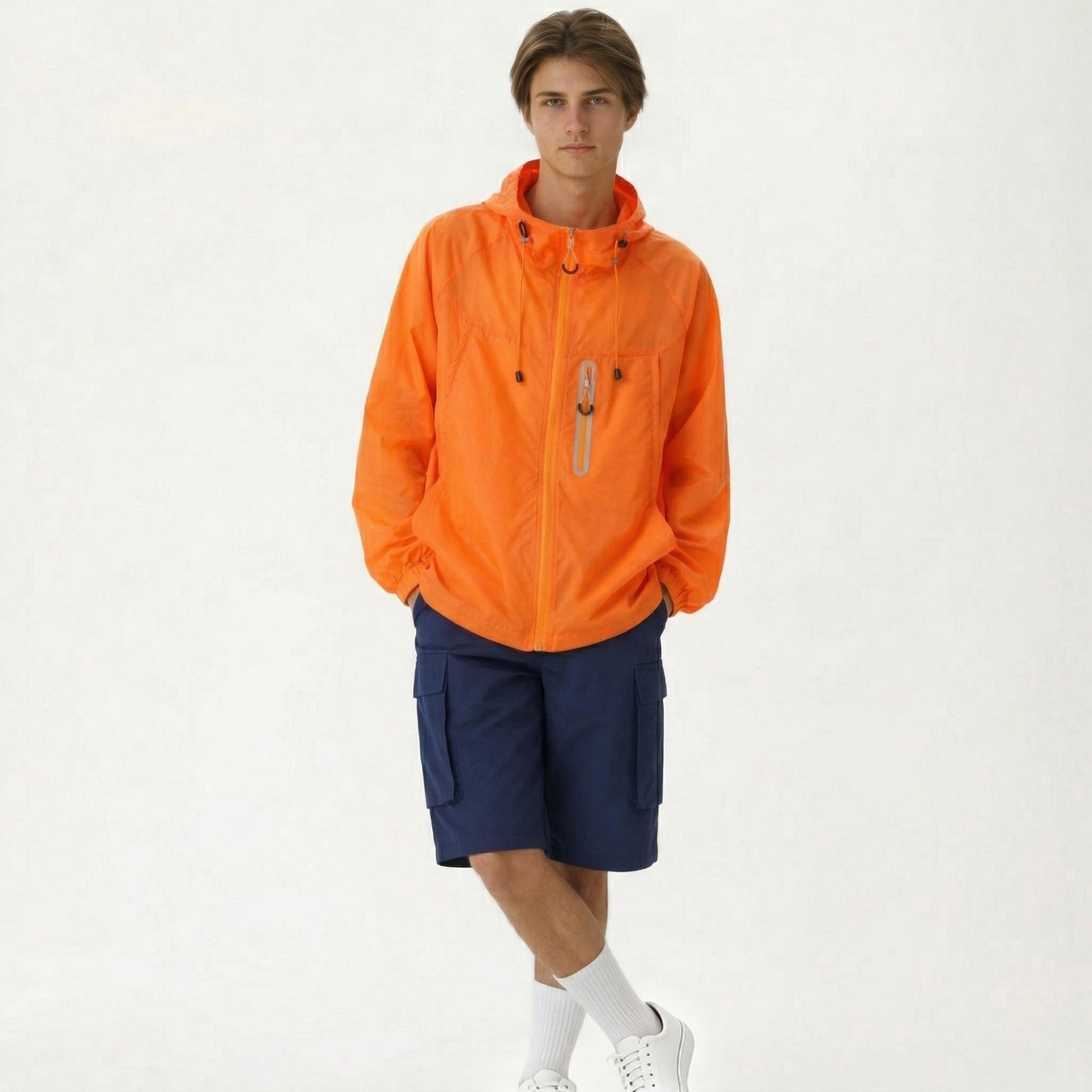 Men's Lightweight Windbreaker Jacket with Hood Full Zip Closure Drawstring Detail