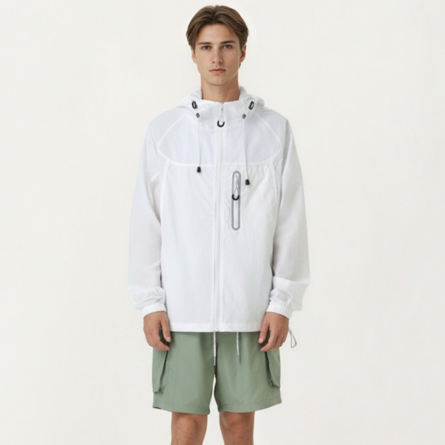 Men's Lightweight Windbreaker Jacket with Hood Full Zip Closure Drawstring Detail