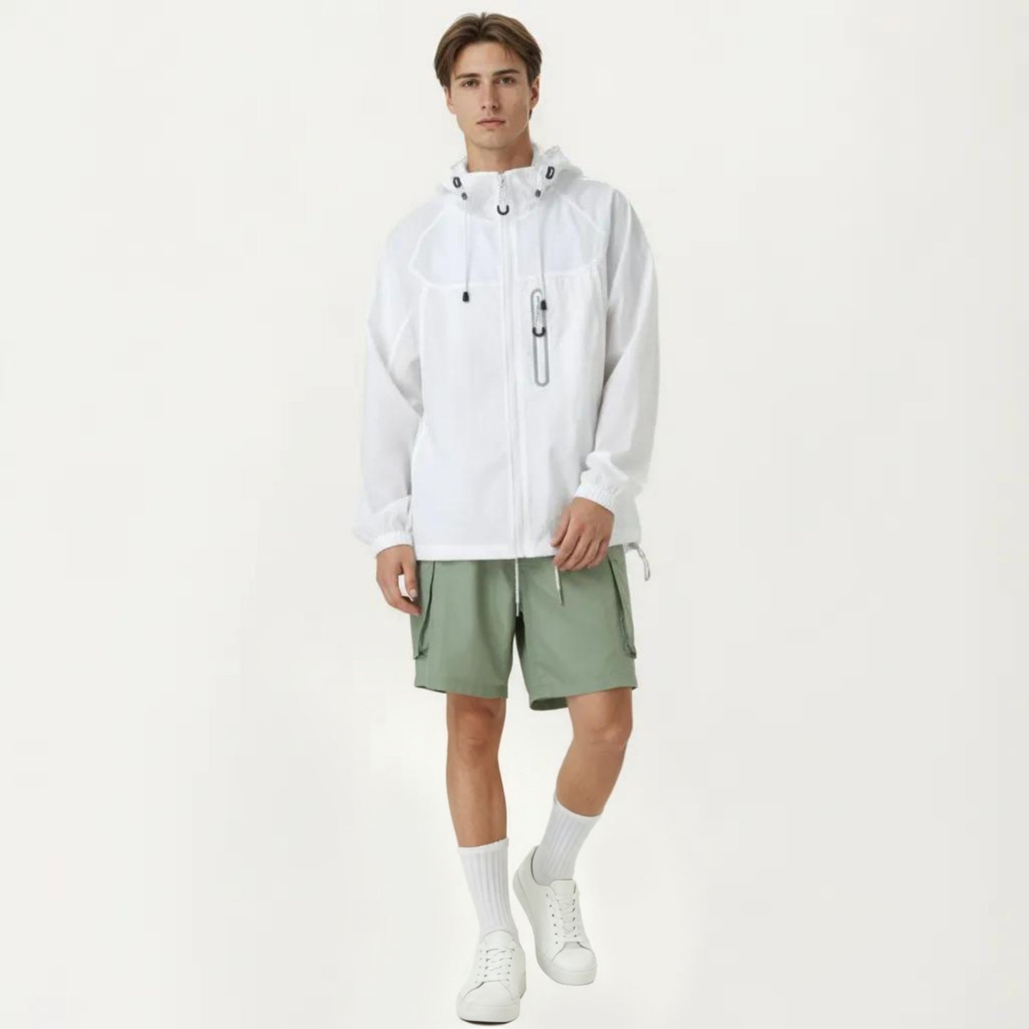 Men's Lightweight Windbreaker Jacket with Hood Full Zip Closure Drawstring Detail
