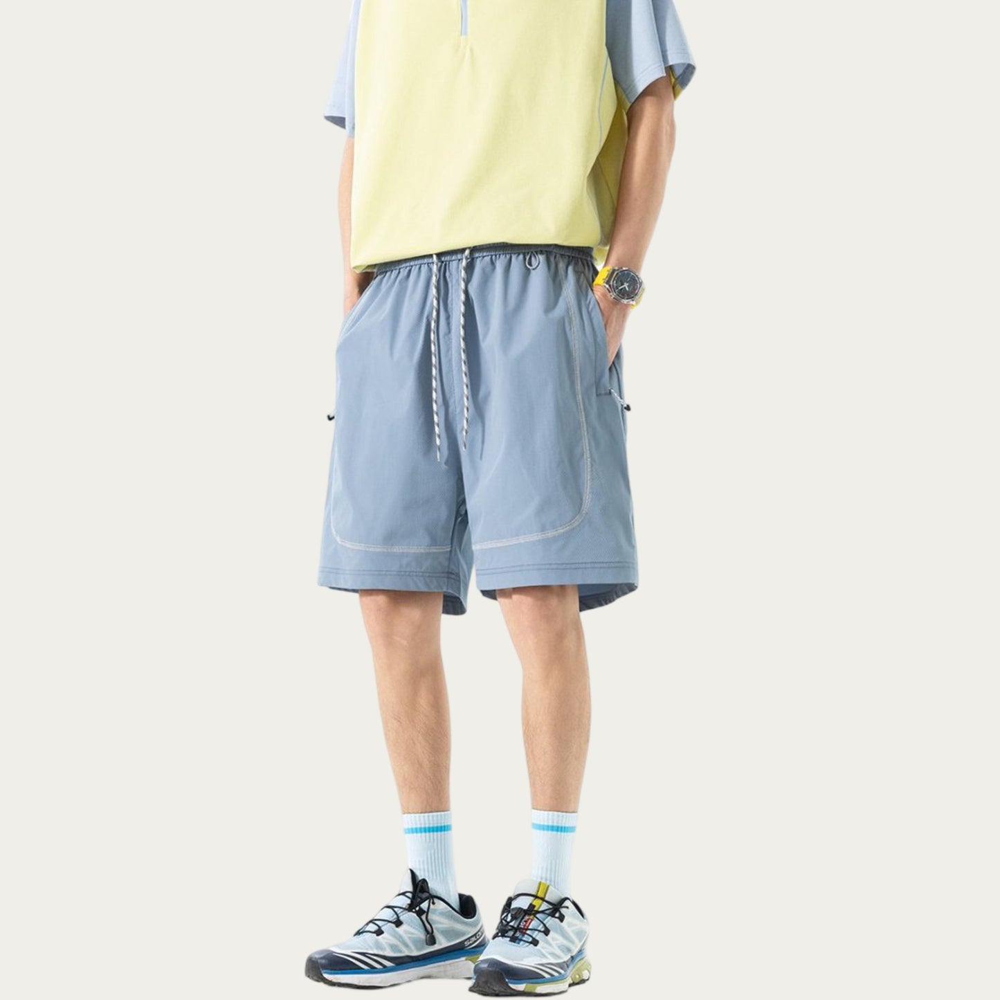 Men's Lightweight Athletic Shorts with Elastic Drawstring Waist Zipper Pocket Detail and Relaxed Fit