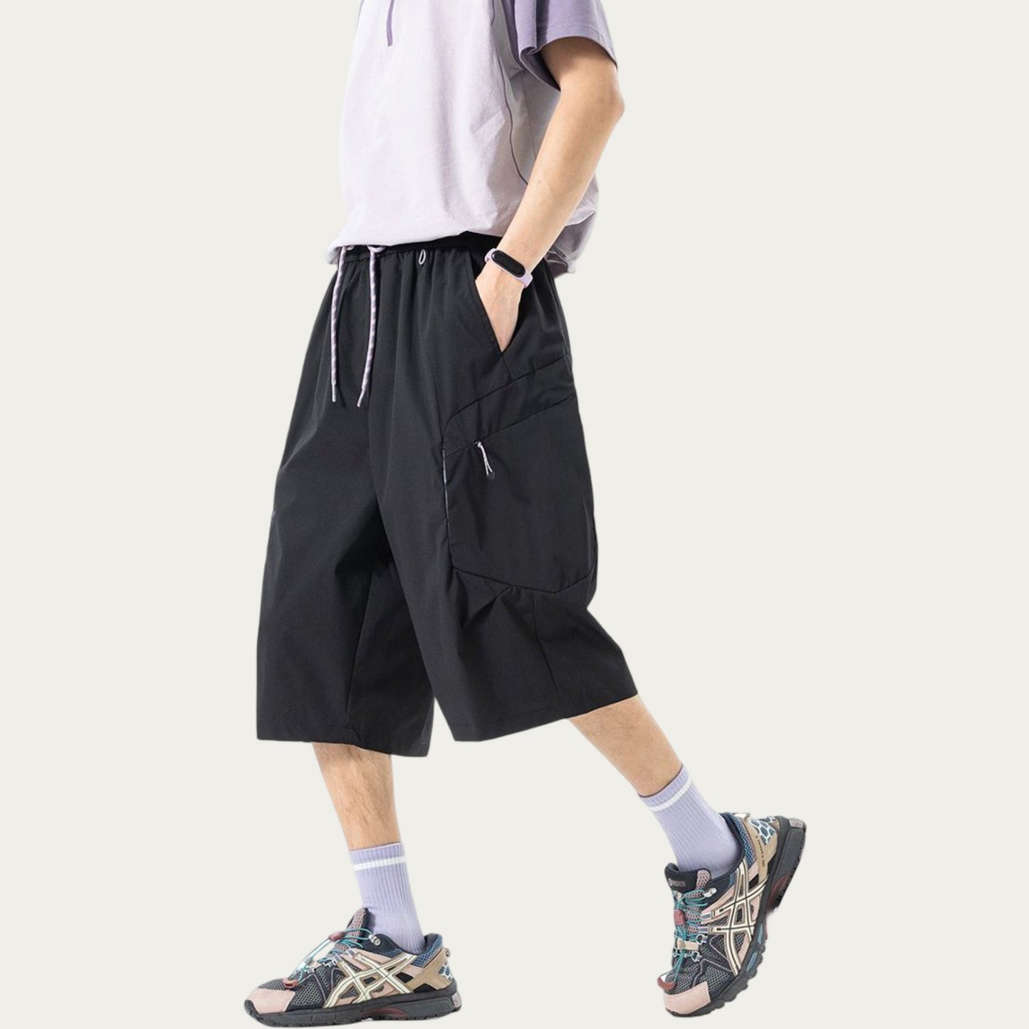 Men's Longline Athletic Shorts with Elastic Drawstring Waist Multi Zipper Pocket Design