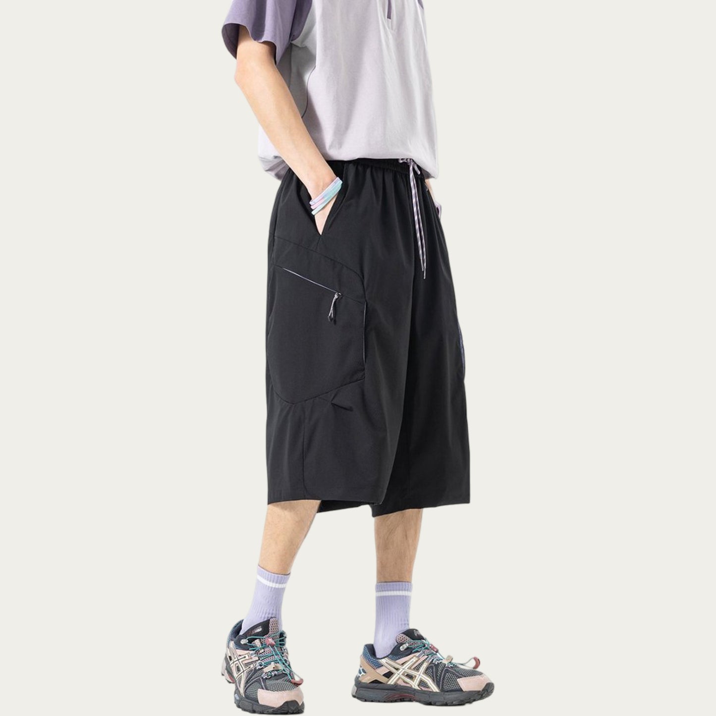 Men's Longline Athletic Shorts with Elastic Drawstring Waist Multi Zipper Pocket Design
