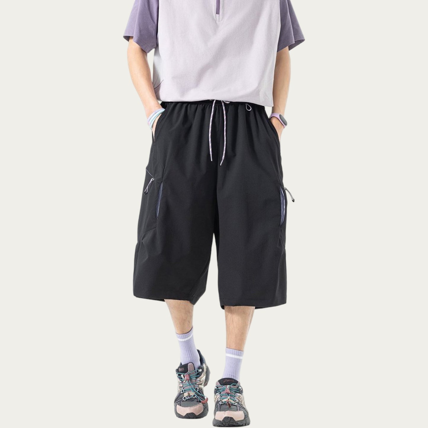 Men's Longline Athletic Shorts with Elastic Drawstring Waist Multi Zipper Pocket Design