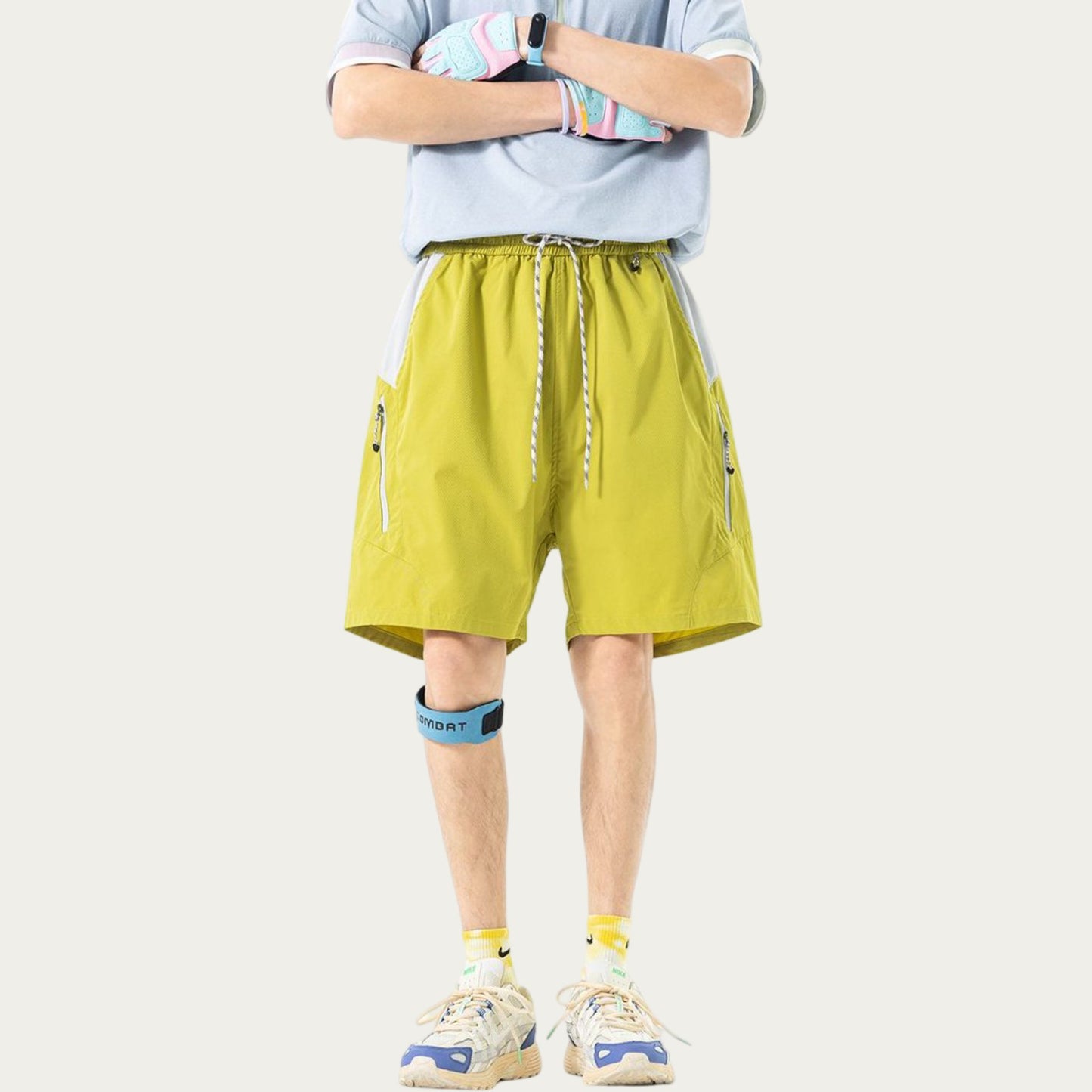 Men's Colorblock Athletic Shorts with Elastic Drawstring Waist Zipper Pocket Detail