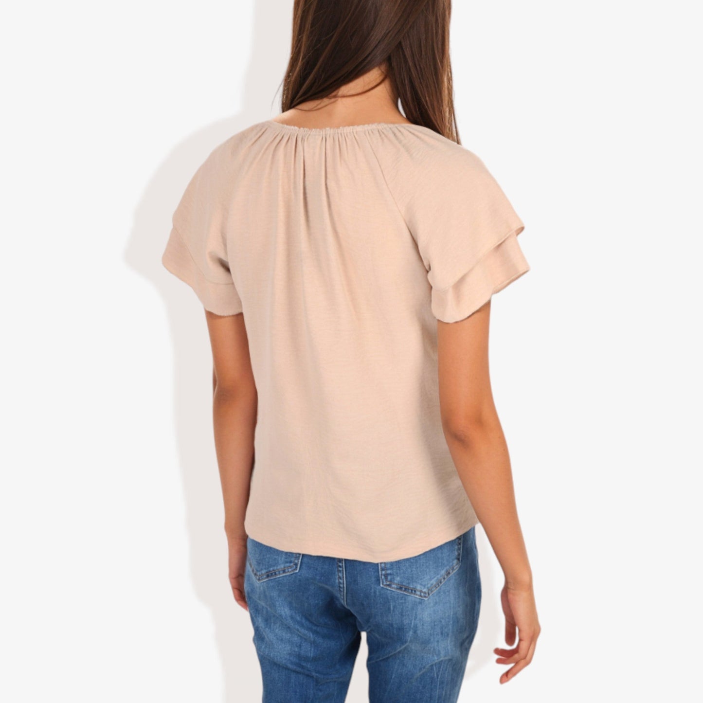 Women's Short Sleeve V-Neck Casual Blouse with Gathered Neckline