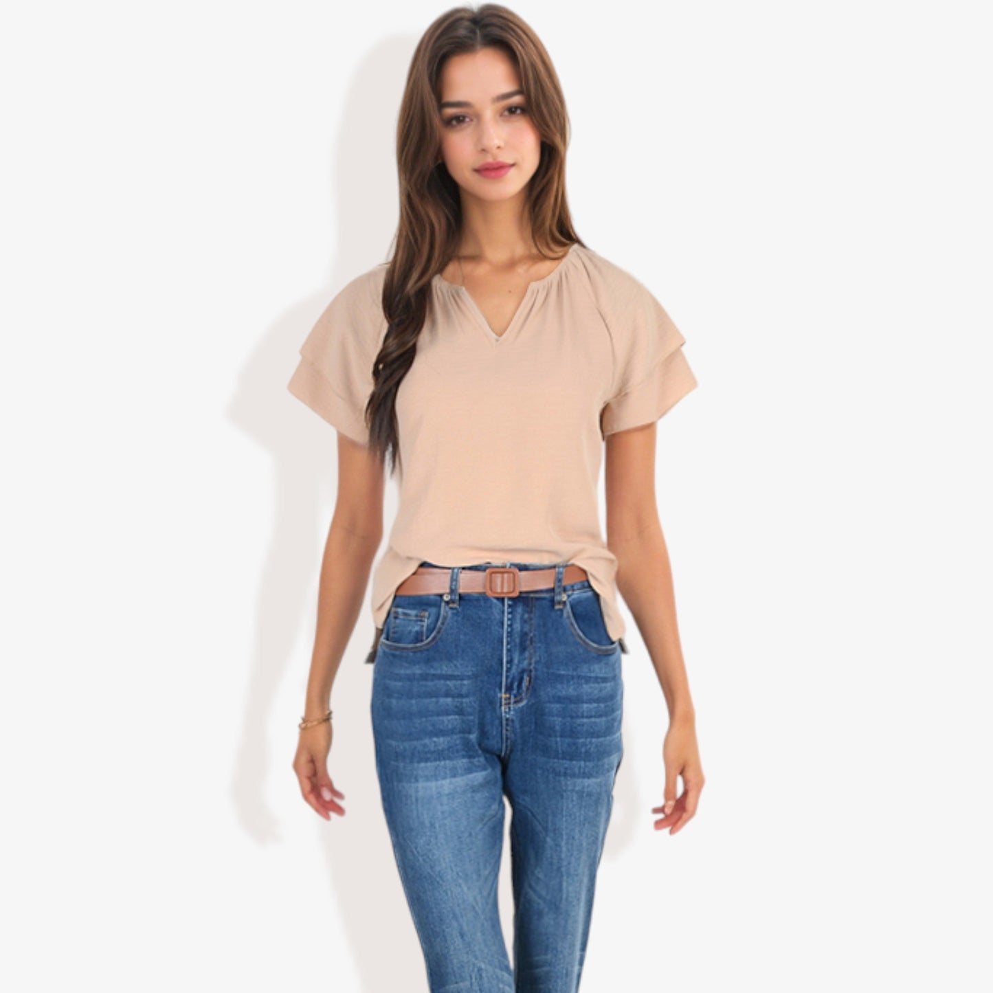 Women's Short Sleeve V-Neck Casual Blouse with Gathered Neckline