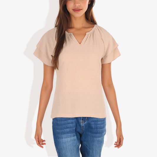 Women's Short Sleeve V-Neck Casual Blouse with Gathered Neckline