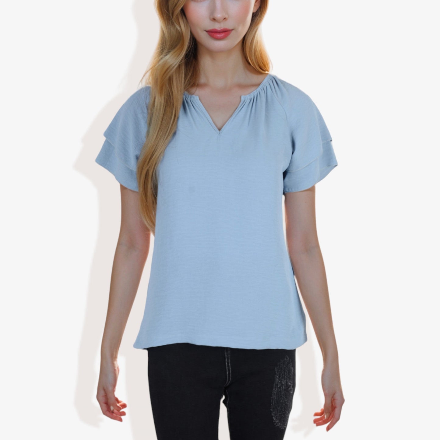 Women's Short Sleeve V-Neck Casual Blouse with Gathered Neckline