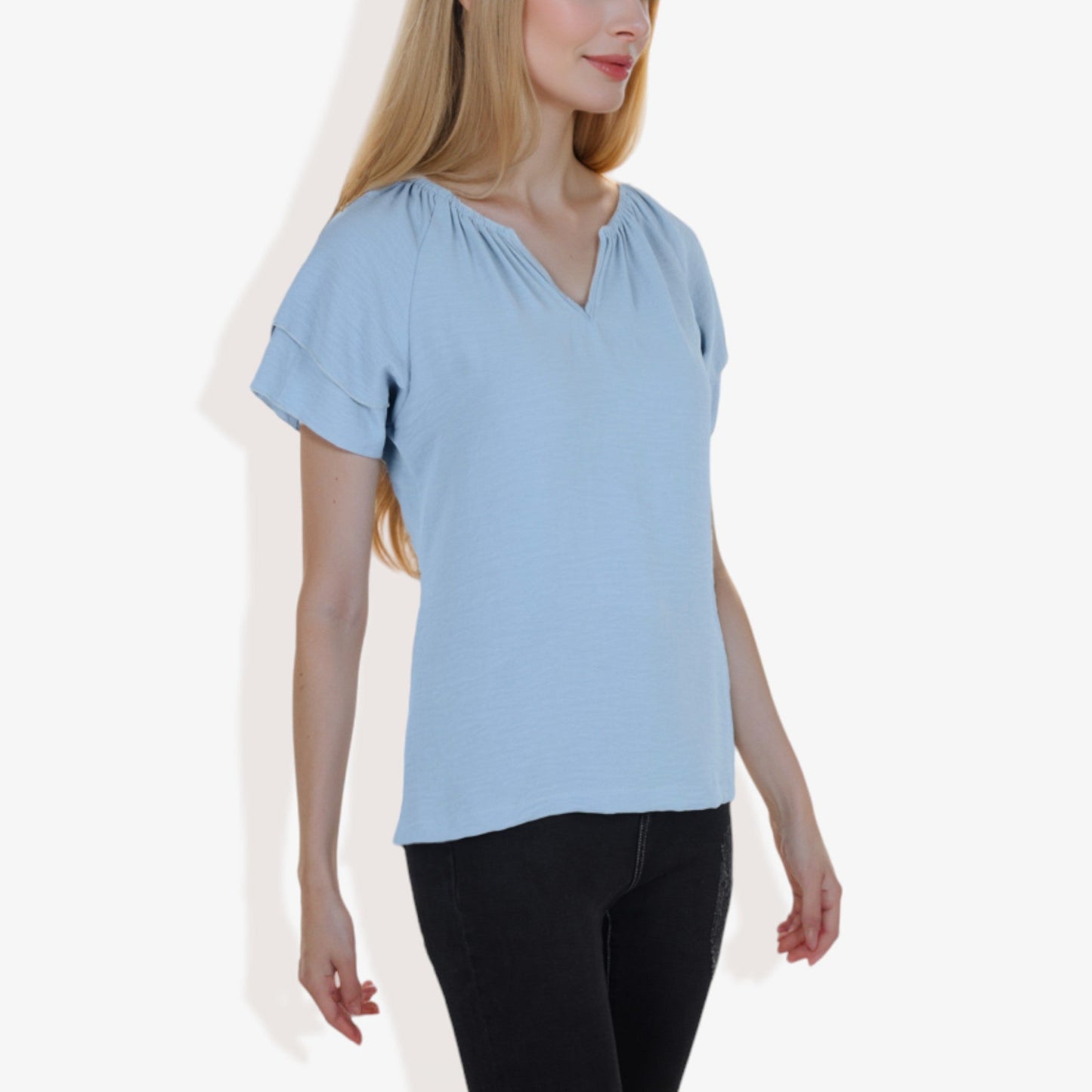 Women's Short Sleeve V-Neck Casual Blouse with Gathered Neckline