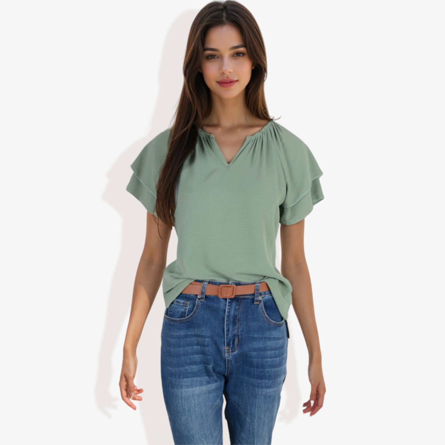 Women's Short Sleeve V-Neck Casual Blouse with Gathered Neckline