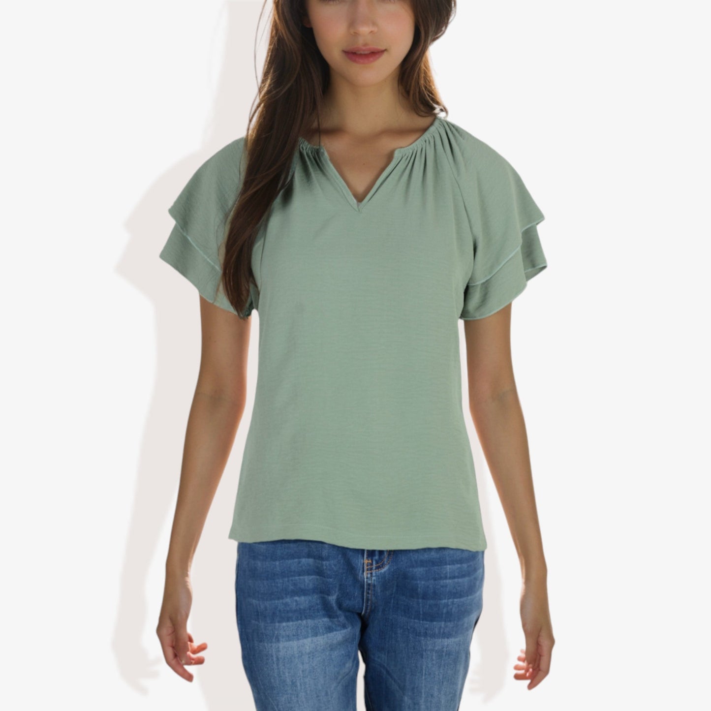 Women's Short Sleeve V-Neck Casual Blouse with Gathered Neckline