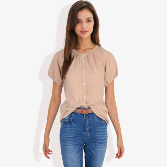 Women's Short Sleeve Button-Down V-Neck Casual Blouse