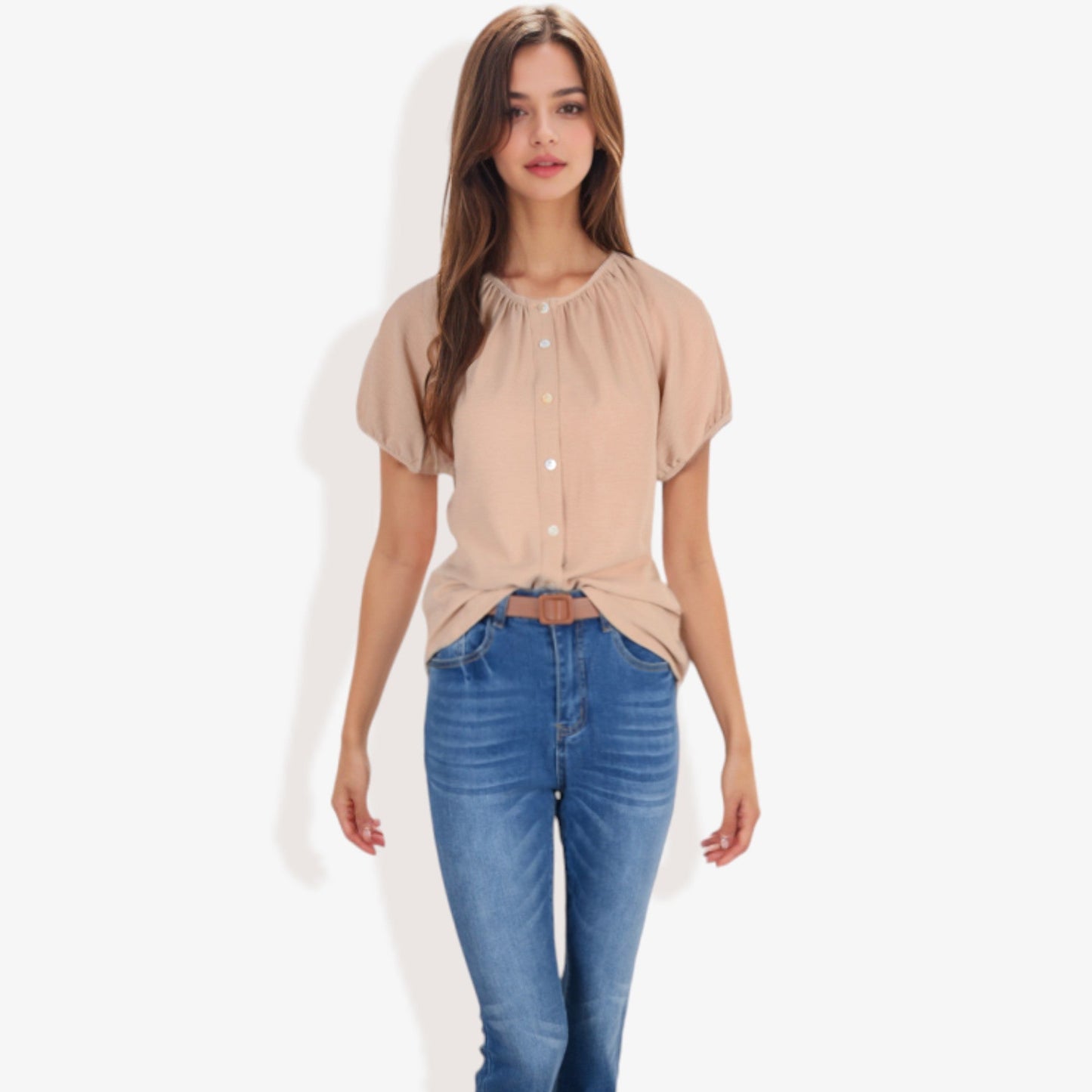 Women's Short Sleeve Button-Down V-Neck Casual Blouse