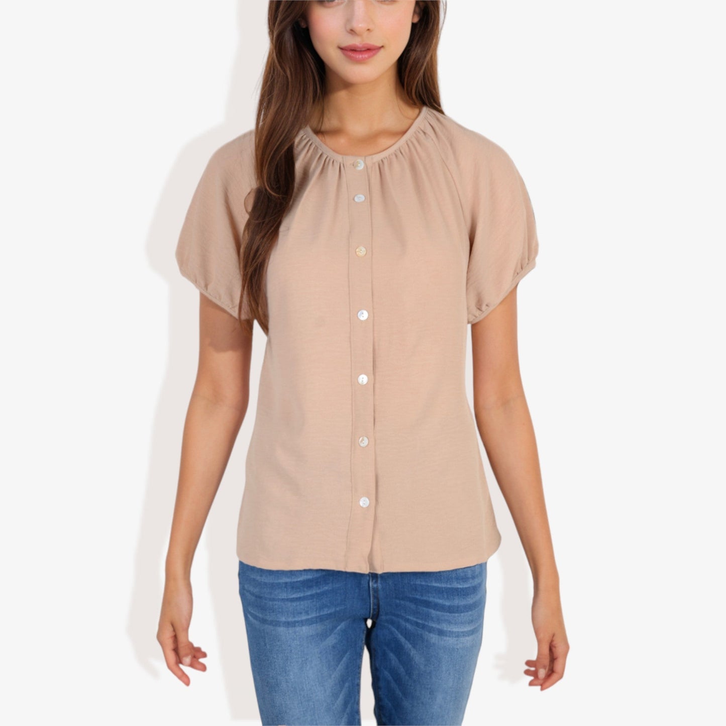 Women's Short Sleeve Button-Down V-Neck Casual Blouse