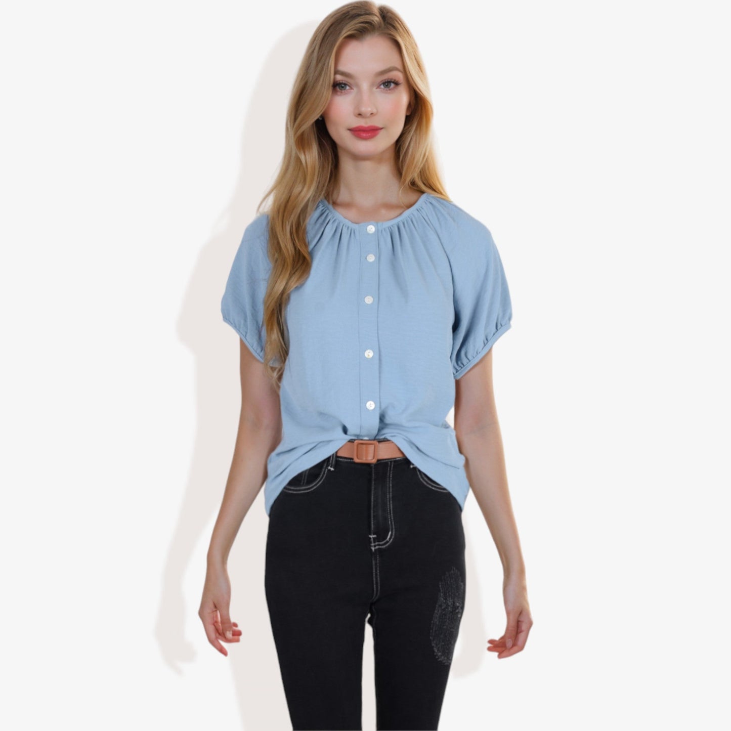 Women's Short Sleeve Button-Down V-Neck Casual Blouse