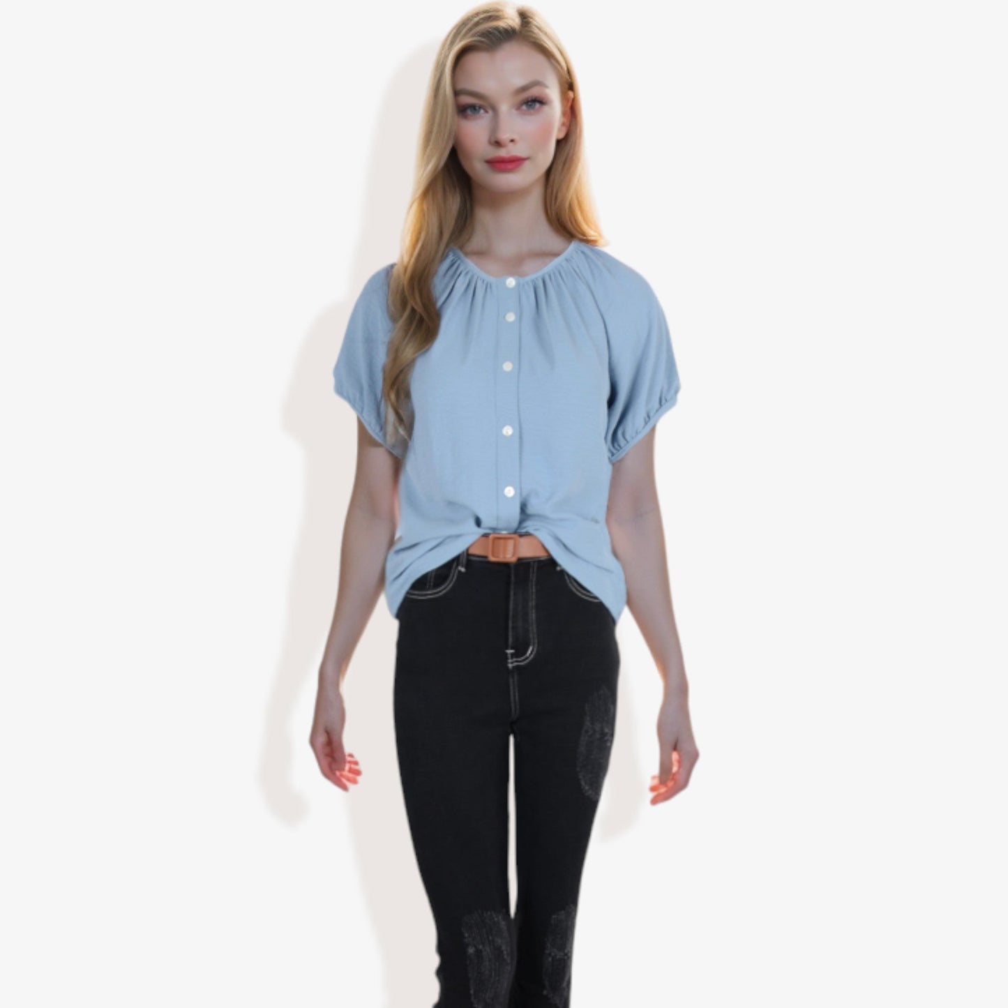 Women's Short Sleeve Button-Down V-Neck Casual Blouse