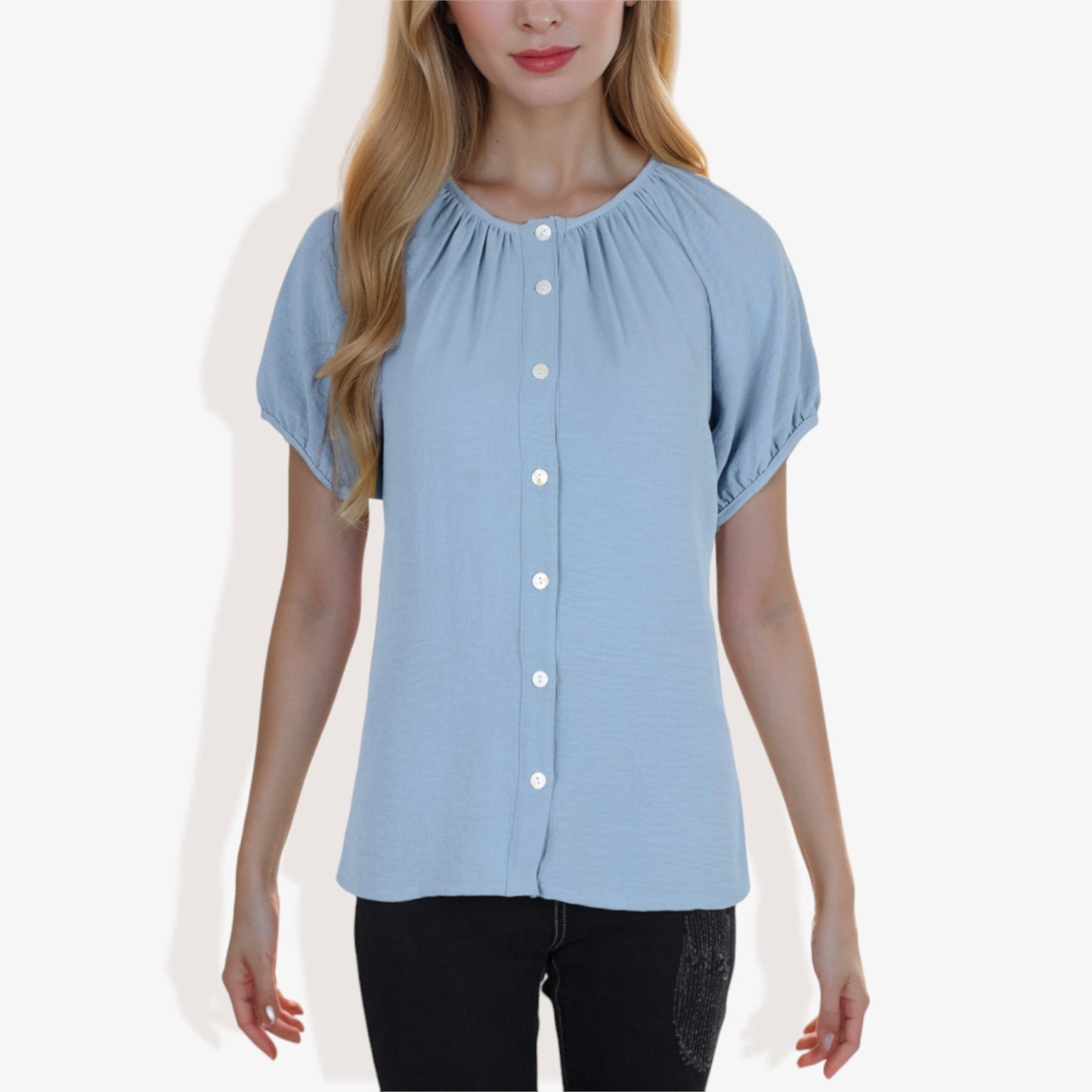 Women's Short Sleeve Button-Down V-Neck Casual Blouse