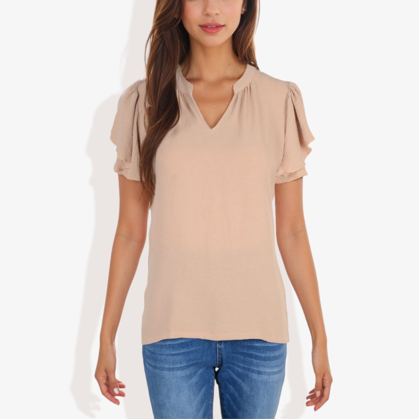 Women's Short Sleeve V-Neck Blouse with Ruffle Sleeves